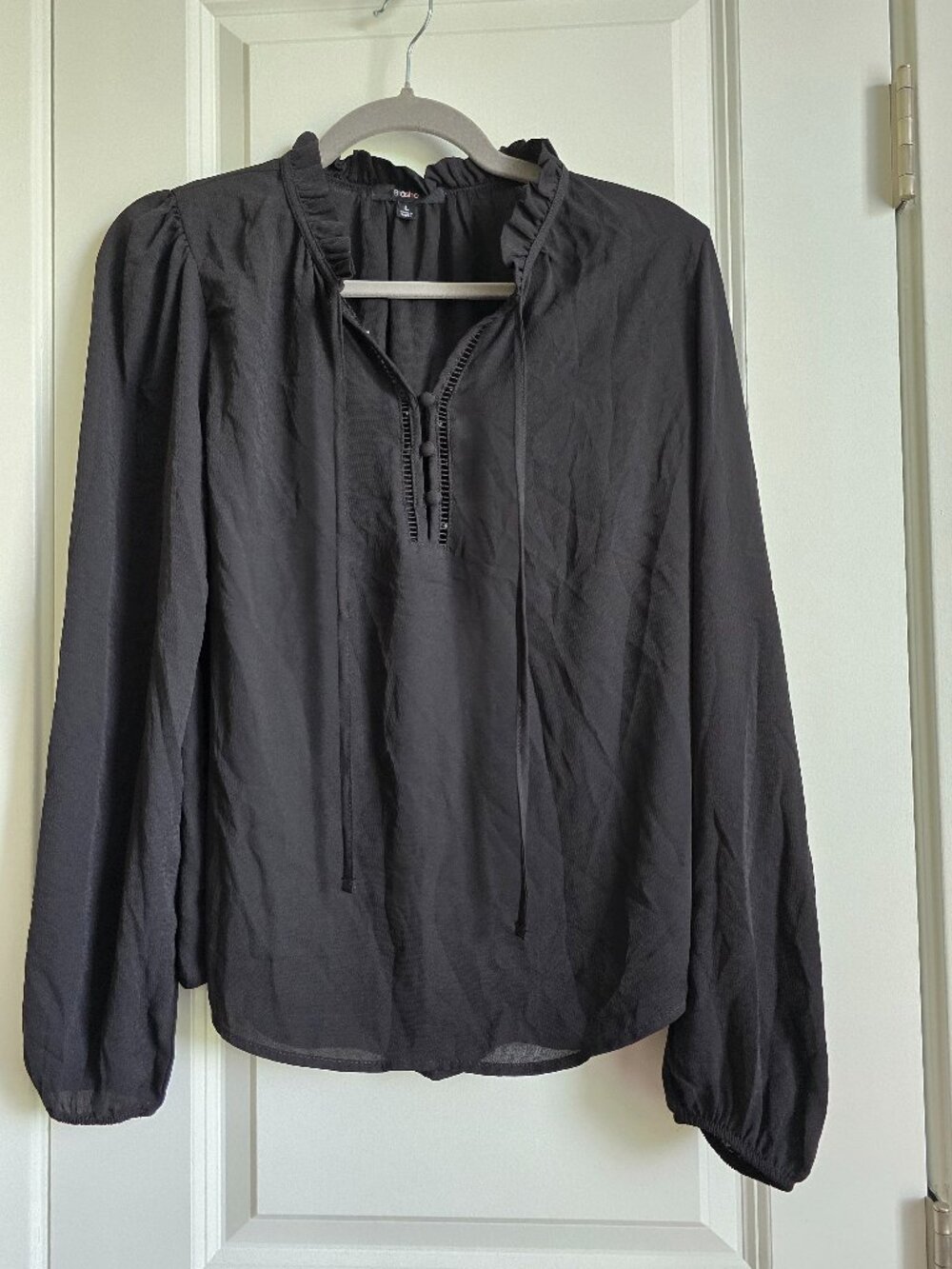Black Ruffle Tie Neck Long Sleeve Blouse